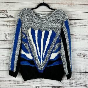VTG WORDS Blue Black Metallic Bold Abstract Print Wool Blend Sweater Womens M